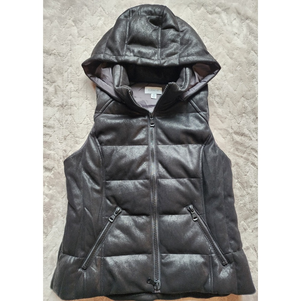 Evereve Black Puffer Vest Removable Hood Duck Down Womens XS EE172DSS-IDG